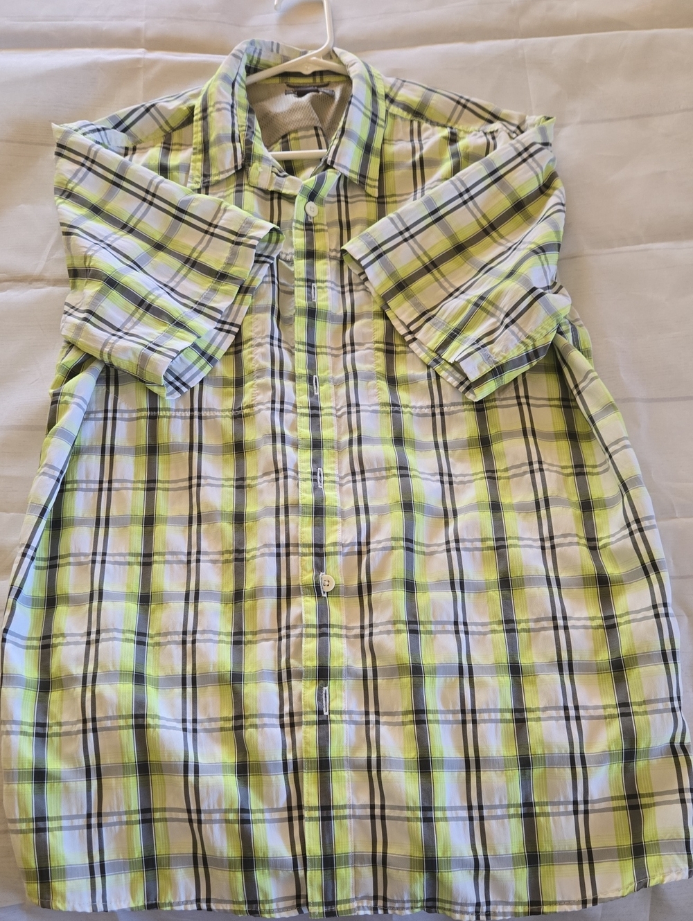 Eddie Bauer Lime Green & White Plaid Short-Sleeve Button-Down